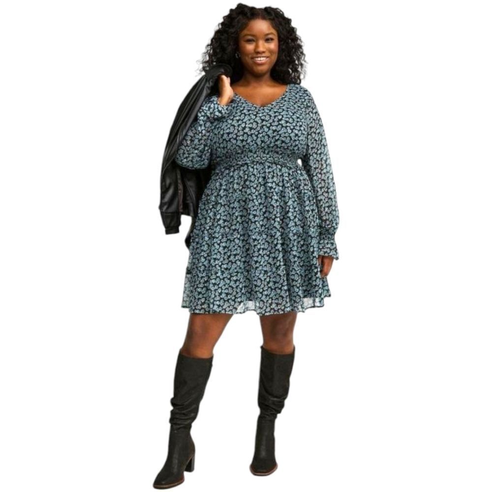 TORRID Black Teal Rose Mini Lurex Chiffon Tiered Dress Plus Size 2X